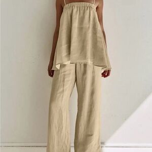 Wide-Leg Linen Pants in Light Beige - Women's